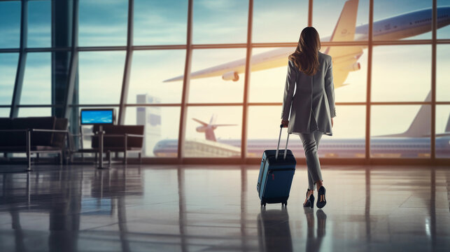 Businesswoman Navigating Airport Terminal with Wheeled Luggage 