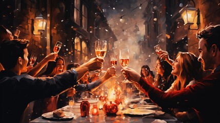 People Enjoying Party cheers making toasts with wine and champagne - obrazy, fototapety, plakaty