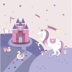 Fototapeta premium unicorn and castle use for nursery room wallpaper