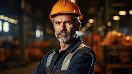 Close up Portrait of Industry maintenance engineer man wearing Uniform and Hat for safety
