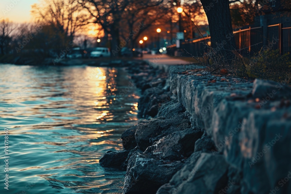 Poster a picture of a stone wall located next to a body of water. suitable for various design projects