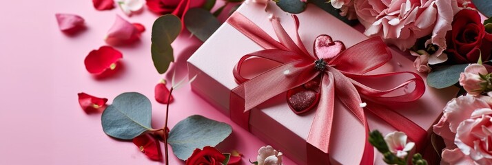 Valentine's day celebration with wedding gift box on magical pink background. Romantic and festive atmosphere