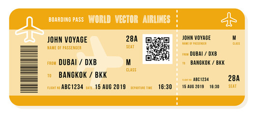 Boarding pass. Modern airline ticket for a Dubai Bangkok flight. PNG graphic on transparent background. - obrazy, fototapety, plakaty