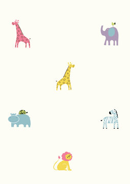 Animal Set, Zebra, Giraffe, Elephant, Hippo, Wallpaper Nursery