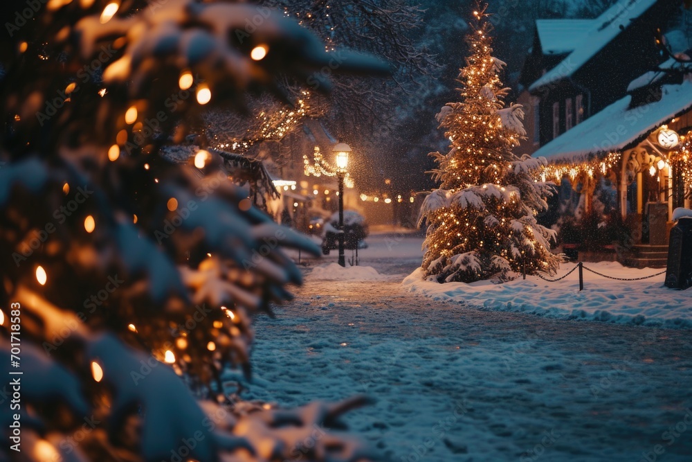 Poster a snowy street with a lit christmas tree in the foreground. this image can be used to depict a festi