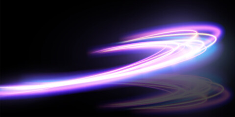 Light trails violet and blue line.Abstract background speed effect motion blur night lights. semicircular wave, light trail curve swirl.
