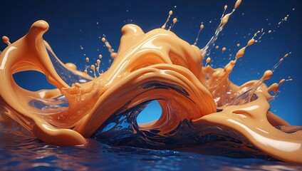 Glossy royal blue and peach liquids collide in a splash, creating a striking abstract with fluid...