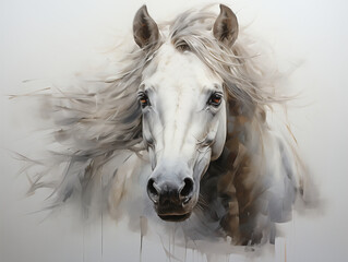 Classical oil painting of a horse with smooth skin and fur. Beautiful horse portrait on white background. For Interior design painting picture of a horse. Illustration of a horse, by hand drawing