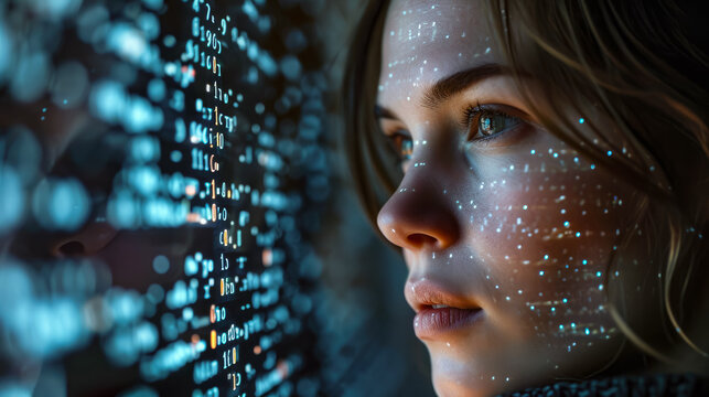 Close up Businesswoman looking digital binary code interface , Modern cyber reality future technology concept