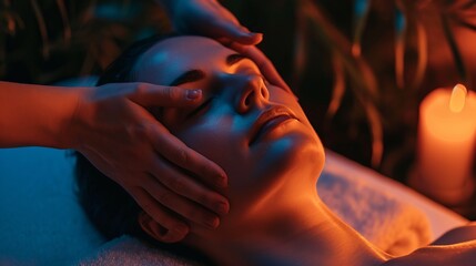 A woman enjoys a head massage in a relaxing spa environment. Relaxation and rejuvenation in a peaceful environment - obrazy, fototapety, plakaty