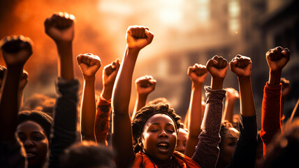 Arms raised in protest. Group of black women protestors fists raised up in the air bright background - obrazy, fototapety, plakaty