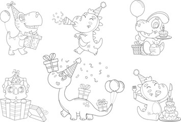 Outlined Birthday Dinosaurs Cartoon Characters. Vector Hand Drawn Collection Set Isolated On Transparent Background