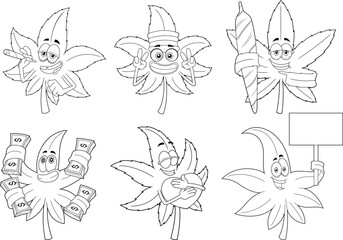 Outlined Funny Marijuana Leaf Cartoon Characters. Vector Hand Drawn Collection Set Isolated On Transparent Background