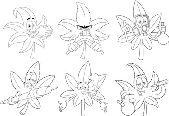 Outlined Funny Marijuana Leaf Cartoon Characters. Vector Hand Drawn Collection Set Isolated On Transparent Background