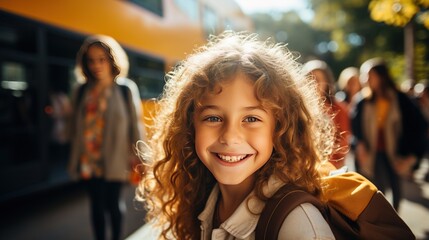Smiling elementary school girl going to school - obrazy, fototapety, plakaty