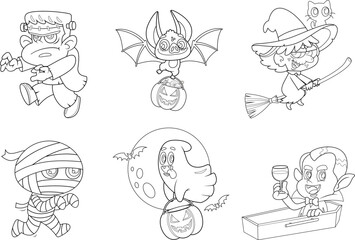 Outlined Funny Halloween Cartoon Characters. Vector Hand Drawn Collection Set Isolated On Transparent Background