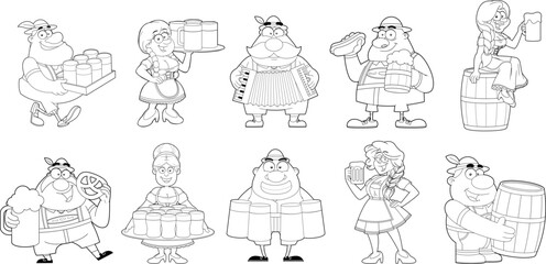 Outlined Oktoberfest People Cartoon Characters. Vector Hand Drawn Collection Set Isolated On Transparent Background