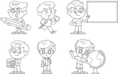 Outlined School Boys Cartoon Characters. Vector Hand Drawn Collection Set Isolated On Transparent Background