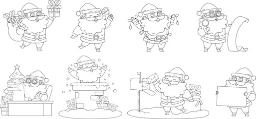 Outlined Santa Claus Cartoon Character In Different Poses. Vector Hand Drawn Collection Set Isolated On Transparent Background