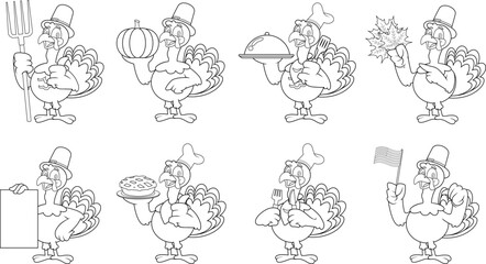 Outlined Pilgrim Turkey Cartoon Character In Diferent Poses. Vector Hand Drawn Collection Set Isolated On Transparent Background