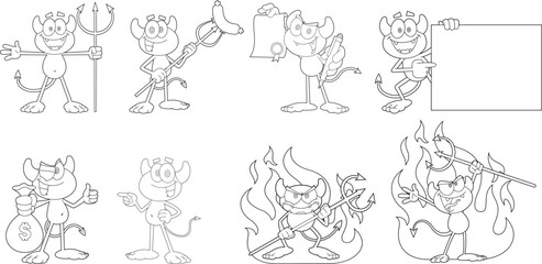 Outlined Little Devil Cartoon Character. Vector Hand Drawn Collection Set Isolated On Transparent Background