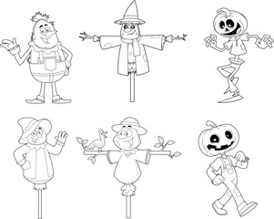Outlined Scarecrow Cartoon Characters. Vector Hand Drawn Collection Set Isolated On Transparent Background