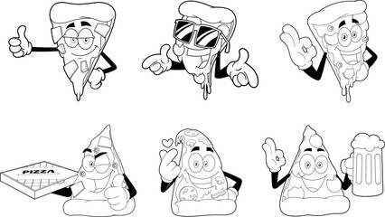 Outlined Funny Pizza Slice Cartoon Characters. Vector Hand Drawn Collection Set Isolated On Transparent Background
