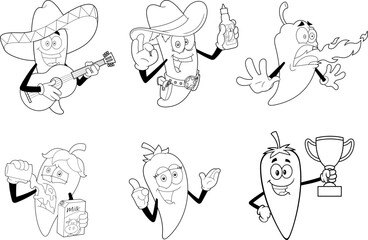 Outlined Funny Hot Chili Pepper Cartoon Characters. Vector Hand Drawn Collection Set Isolated On Transparent Background