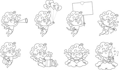 Outlined Cute Cupid Angel Cartoon Character. Vector Hand Drawn Collection Set Isolated On Transparent Background