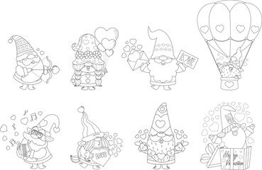 Outlined Cute Valentine Gnomes Cartoon Characters. Vector Hand Drawn Collection Set Isolated On Transparent Background