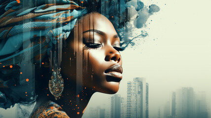 Double exposure image between Portrait face of African woman with city © Yuwarin