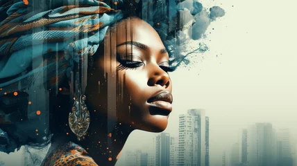 Double exposure image between Portrait face of African woman with city © Yuwarin
