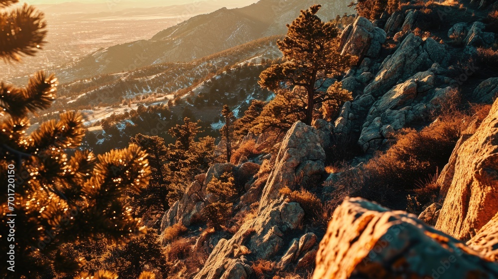 Poster beautiful sunset scene with mountains in the background and trees in the foreground. perfect for nat