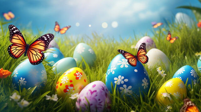 Happy Easter holiday with eggs pastel colors on green lawn, easter concept