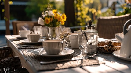 A table set for a cozy tea time with a tea pot and cups. Perfect for illustrating relaxation, hospitality, and enjoying a warm beverage. Ideal for use in lifestyle blogs, - obrazy, fototapety, plakaty
