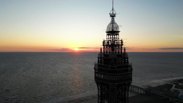 Aerial view of Blackpool Tower at sunset, Lancashire, England, United Kingdom