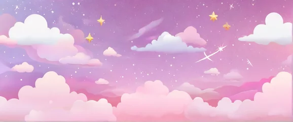 Foto op Aluminium Rainbow unicorn background. Fantasy cloudy pink sky. Cute pastel vector scene with candy colors. Magic princess landscape with fairy stars and glitter. © Cobe
