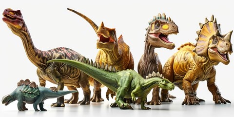A collection of toy dinosaurs standing together. Perfect for educational purposes or dinosaur-themed projects