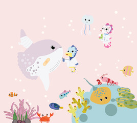 Fototapeta na wymiar underwater school fish, use for nursery wallpaper or kids background, doctor fish