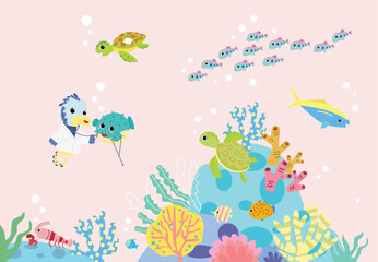 Fototapeta na wymiar underwater school fish, use for nursery wallpaper or kids background, doctor fish