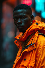 Vibrant Urban Fashion: Young Black Male Model in Bright Orange Jacket, City Night