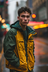 Rainy Urban Day: Young Curly-Haired Male in Yellow and Green Jacket, City Lights Background