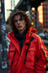 City Explorer: Stylish Young Man in Red Outdoor Jacket, Urban Adventure Portrait