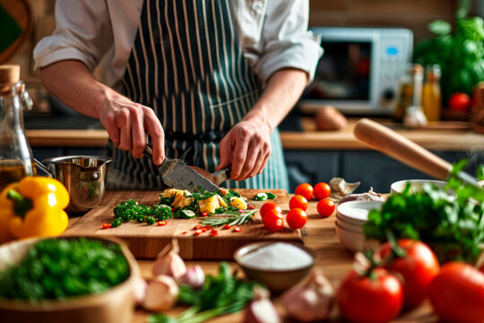 A food blogger in a well-equipped kitchen, preparing a recipe for a video