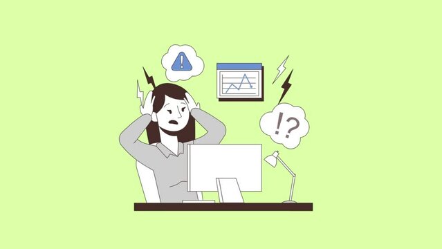 Animation of a Woman Panicking Due to Negative Analysis. woman panicking in front of a computer