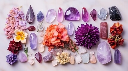 An assortment of crystals and flowers that have a high angle