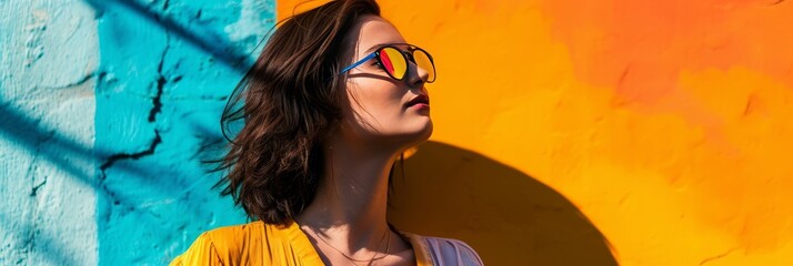 A woman stands on a bright and colorful background in stylish sunglasses
