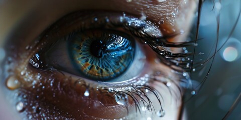 A close-up view of a person's eye with water droplets on it. This image can be used to depict emotions, freshness, or the concept of tears