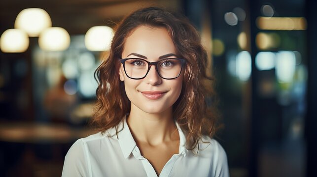 In cl, there is a portrait of a young woman wearing glasses and holding a book on the blackboard that is modern and attractive.