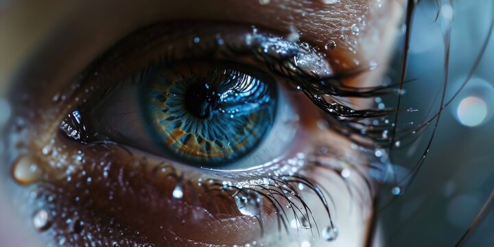 A close-up view of a person's eye with water droplets on it. This image can be used to depict emotions, freshness, or the concept of tears